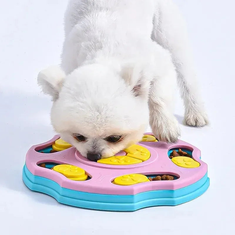 Blue and pink dog puzzle toy feeding bowl for aggressive chewers with treat compartments