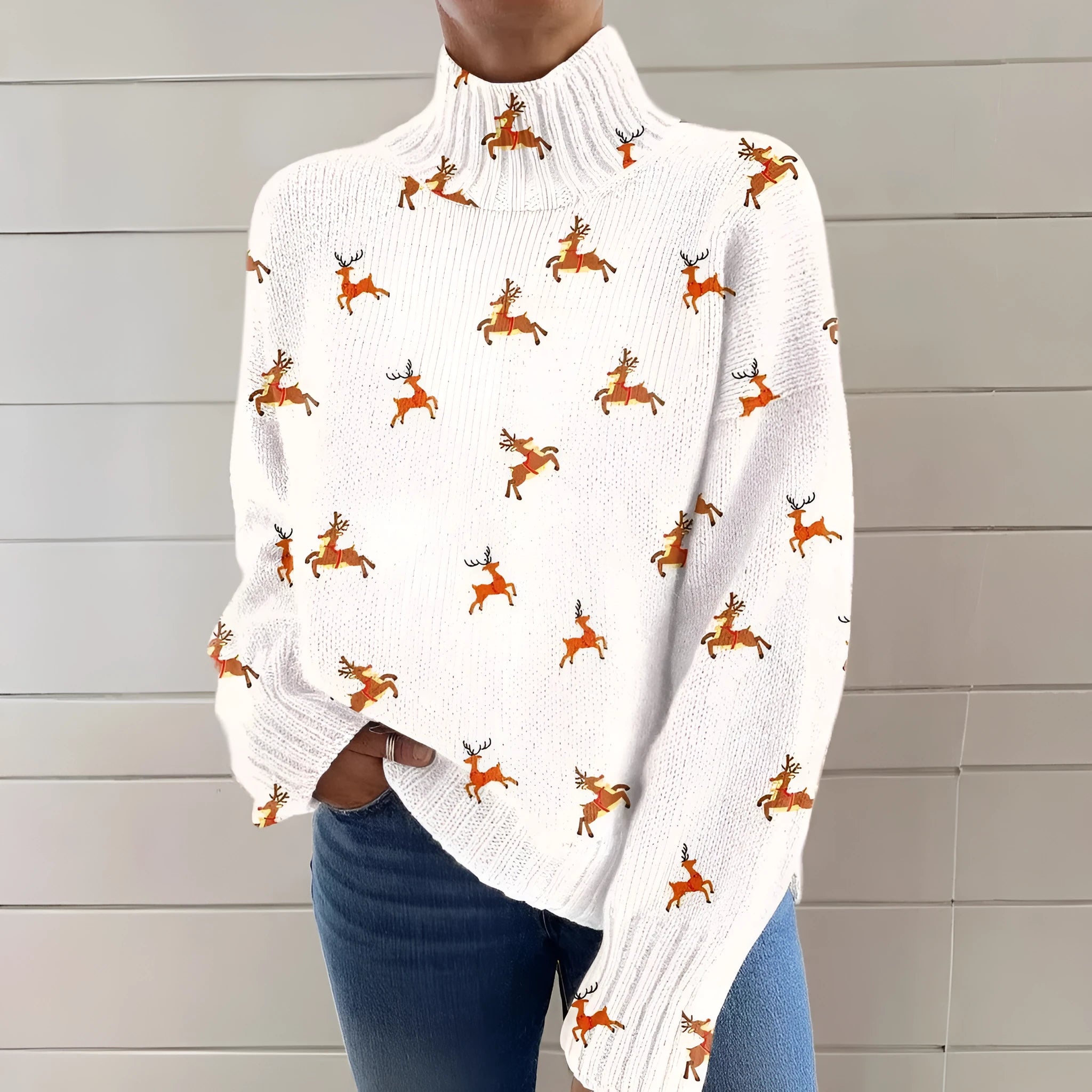 Women's Christmas printed turtleneck sweater in loose fit with painting pattern and macaron colours