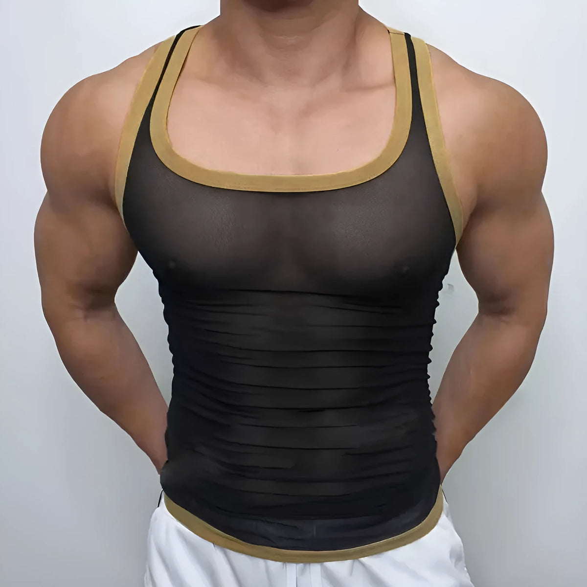 Men's tight-fitting black mesh vest for sports and fitness training.