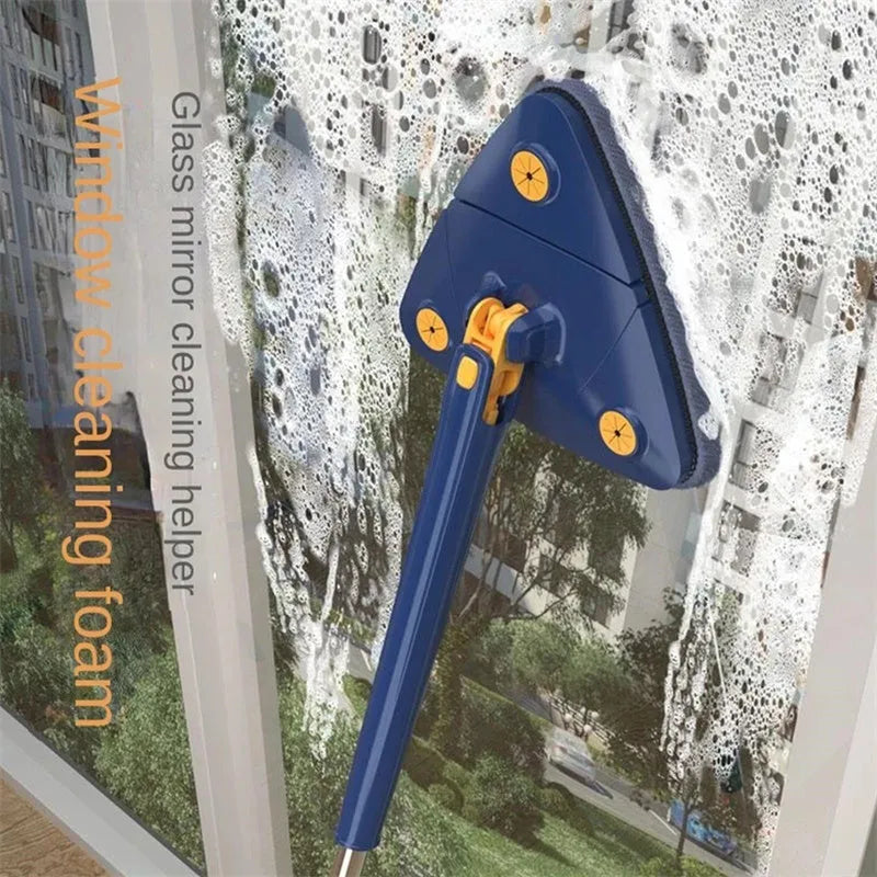 Blue triangle cleaning mop with extendable pole rotating to clean wall corners