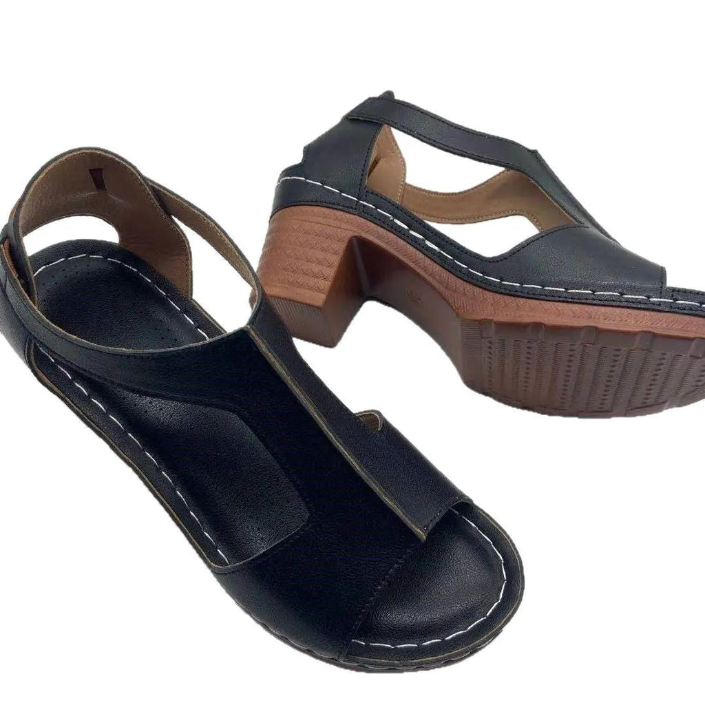 Women's plus size peep toe wedge sandals with Roman straps and a buckle in light brown.