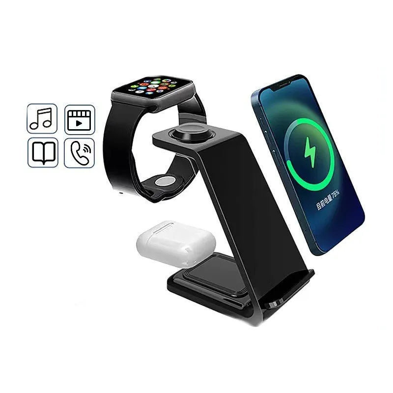 White 3-in-1 dual coil wireless charging stand holding a mobile phone upright on a desk.
