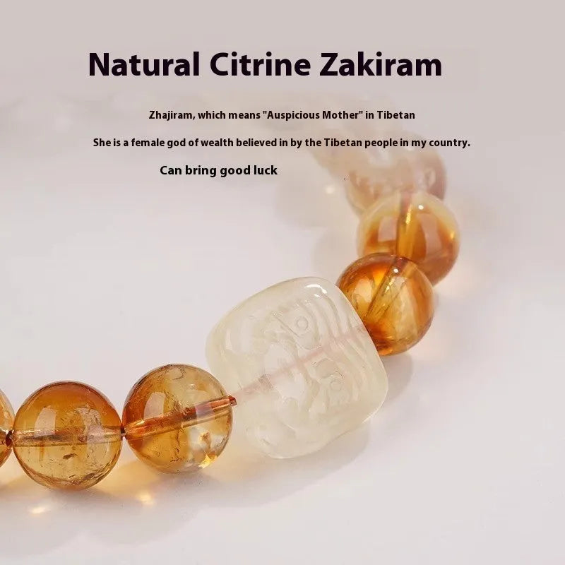 Women's carved citrine bracelet with 10mm geometric beads in ethnic national style