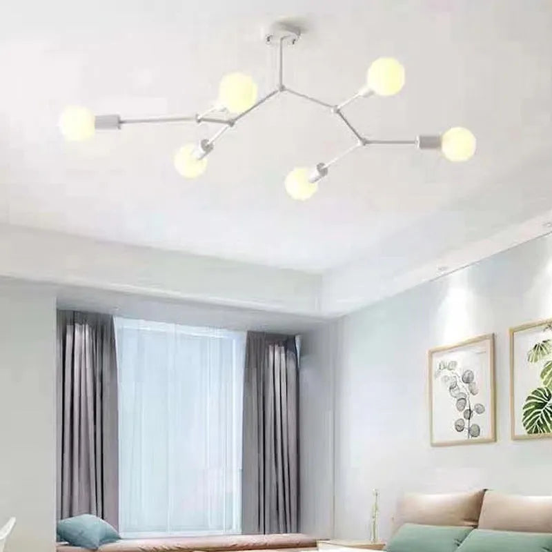 Iron Nordic style chandelier ceiling lamp in black or white with multiple light heads.