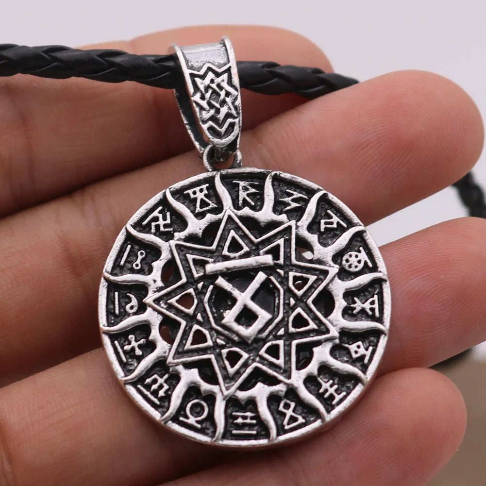 Lunavin retro logo pendant necklace with antique silver finish on an adjustable leather rope.