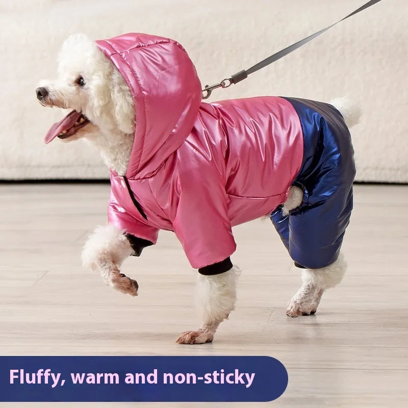 Green waterproof cotton-padded dog coat with four-legged coverage on a large dog.