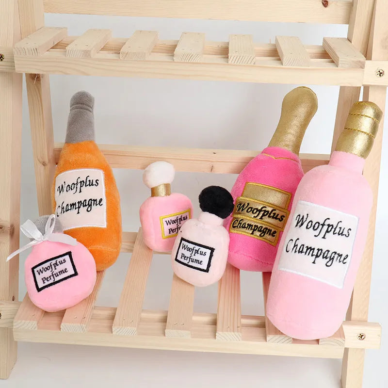Plush wine bottle dog chew toy with squeaker for small medium dogs in multiple colour options