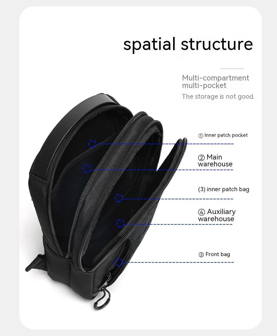 Casual black camouflage pattern chest bag with a shoulder strap, shown in a square vertical shape.