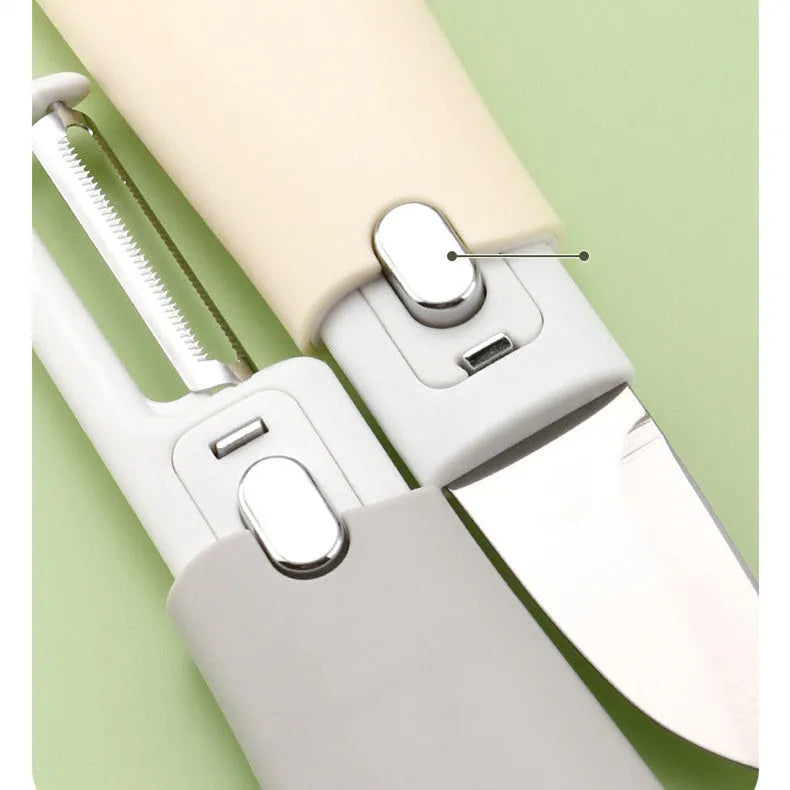 Multi-functional 2-in-1 stainless steel peeler with paring knife in avocado green, vibrant orange, or elegant grey