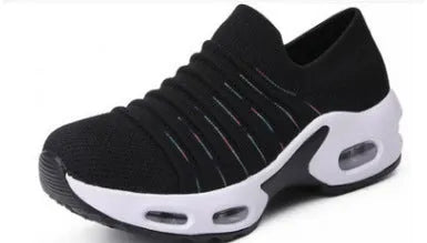 Plus size women's fly-knit stretch socks shoes in light gray with mesh upper and low heel.