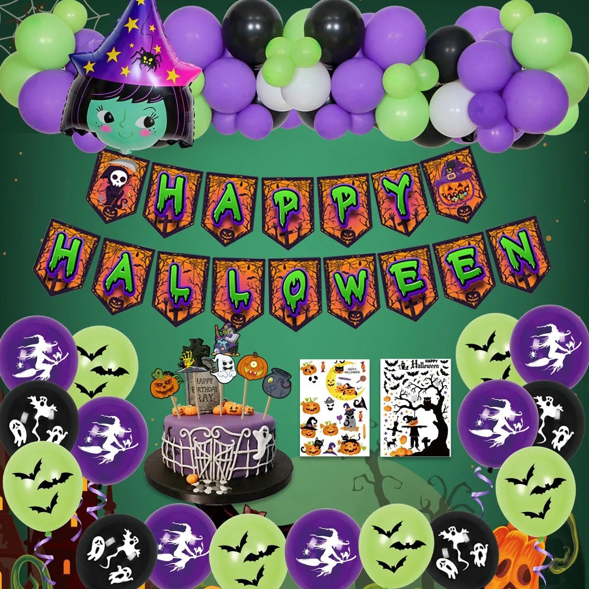 Halloween spider balloon arch decoration kit with white and black latex balloons featuring skull and pumpkin designs