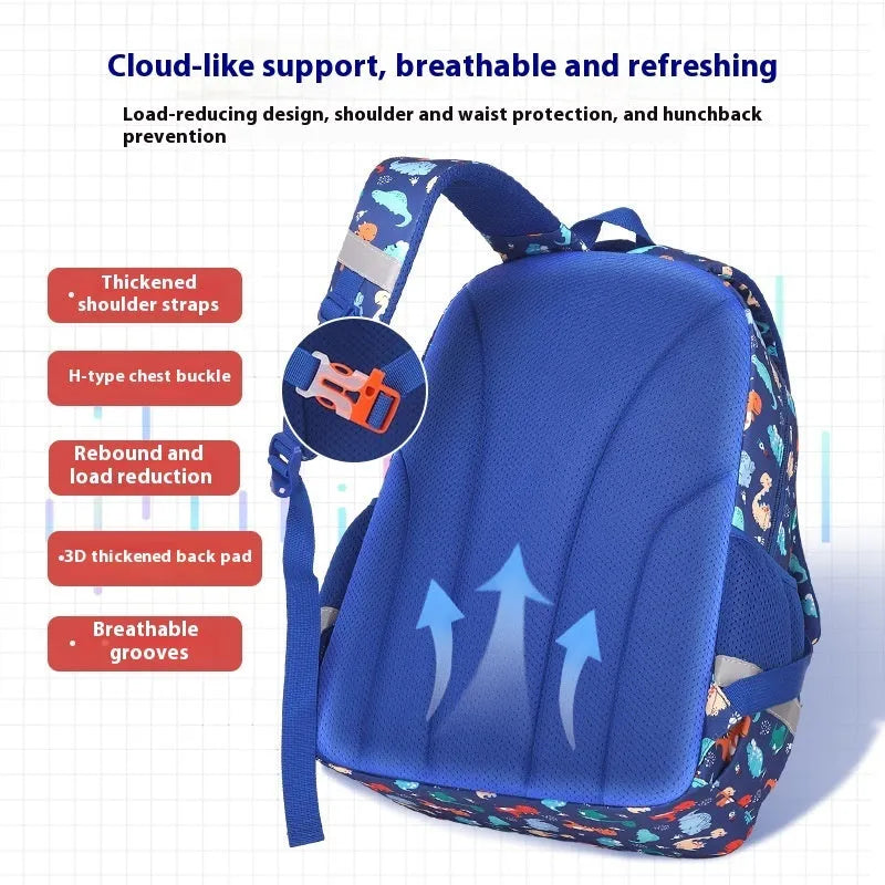 Children's waterproof Oxford cloth school backpack with curved straps and animal pattern in sapphire blue or pink