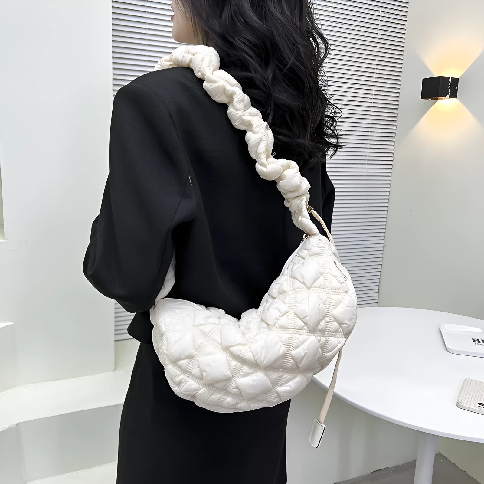 Women's light beige nylon messenger bag with long shoulder strap, shown with dimensions 35cm wide by 20cm high.