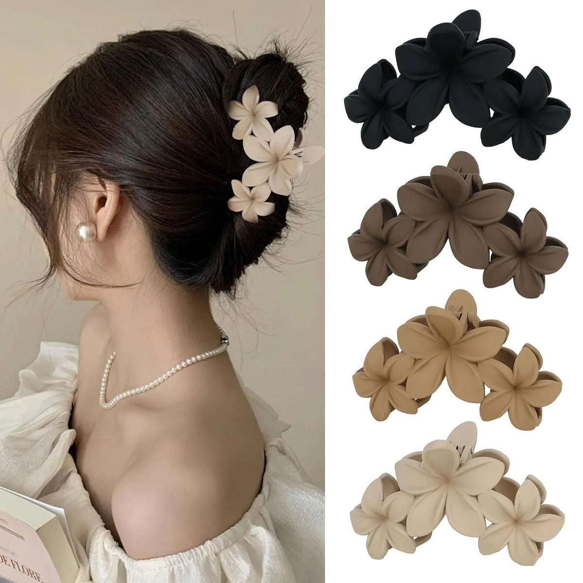 Six plastic hair clips with quadrilateral shape and frosted grip surface in nude and rose red colours