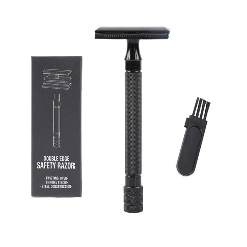 Manual stainless steel shaver and brush set for traditional wet shaving in black or silver finish