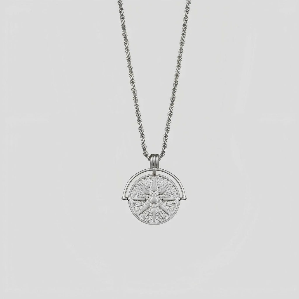 Titanium steel sunflower pendant necklace with embossed geometric design on hemp flowers chain