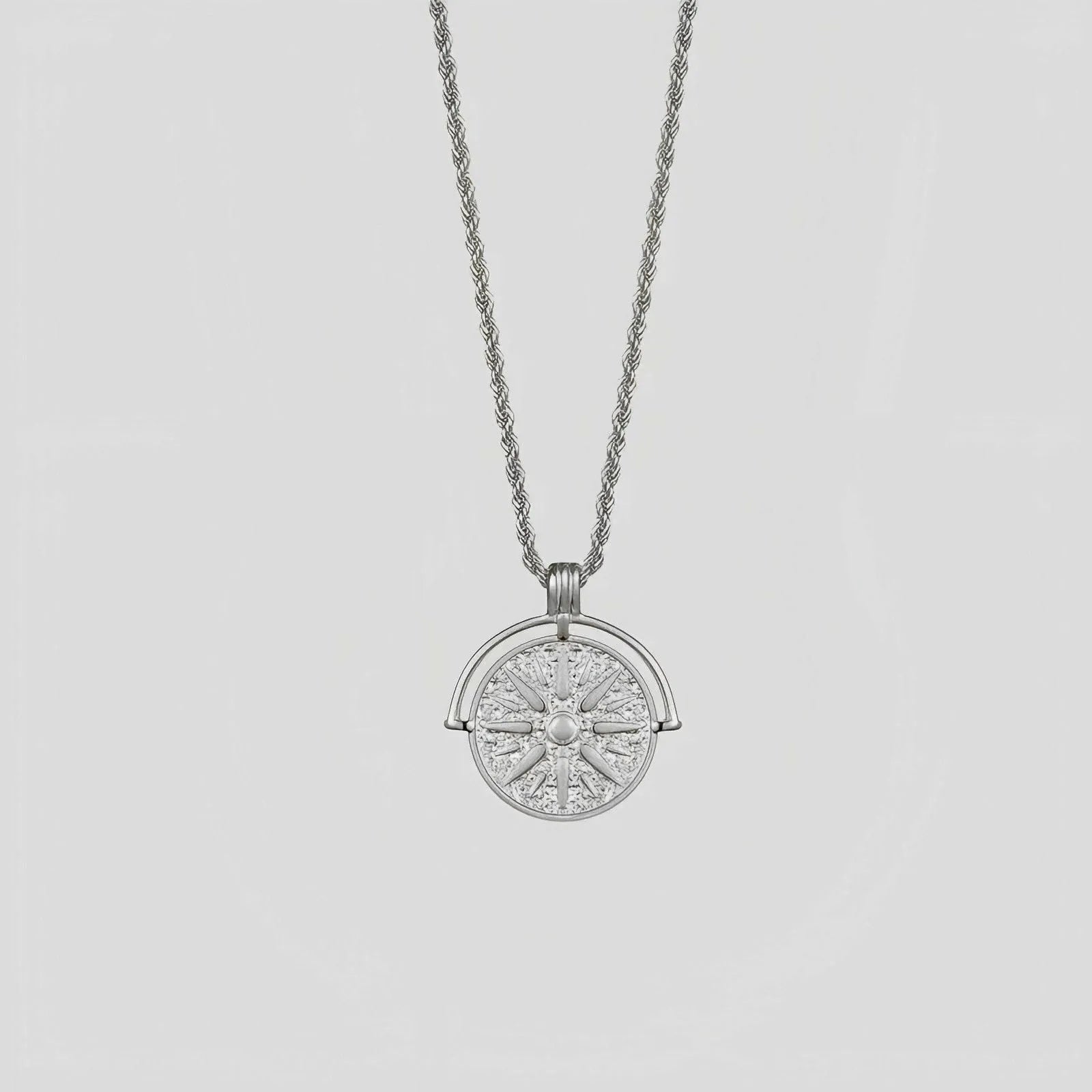 Titanium steel sunflower pendant necklace with embossed geometric design on hemp flowers chain