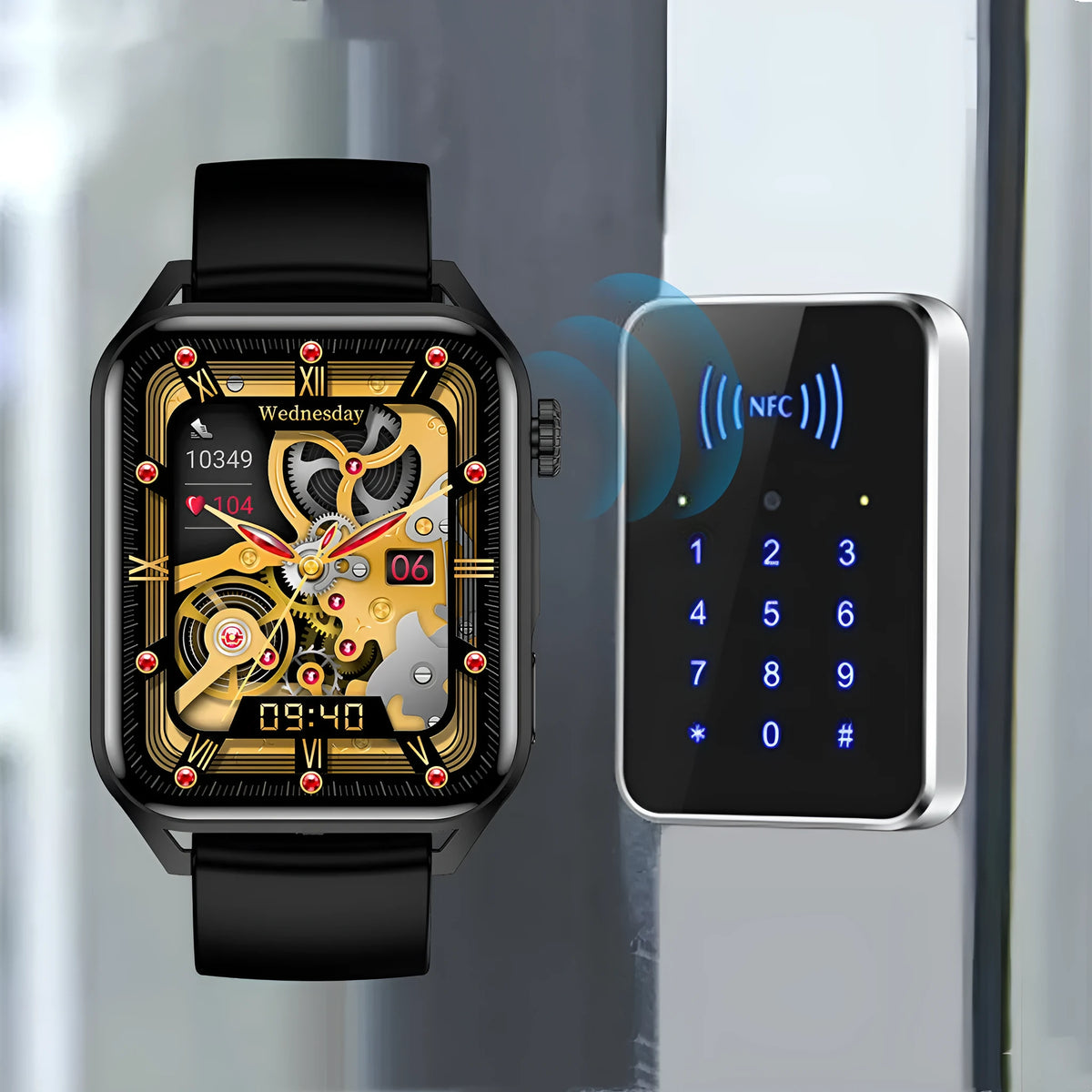 Pink, black, and silver grey smart watch with 1.8-inch AMOLED screen and silicone strap.