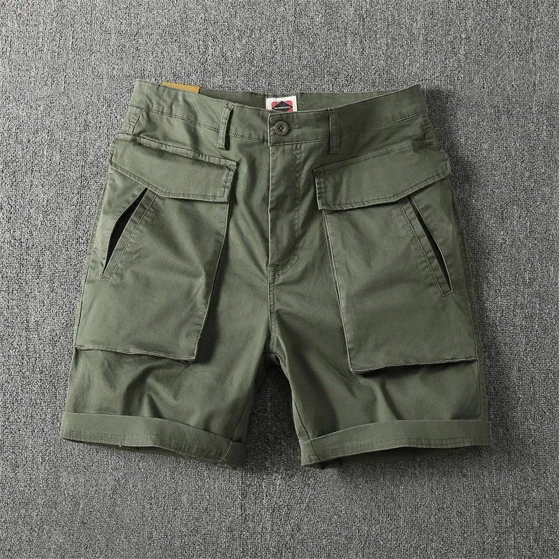 Men's straight cut cotton stretch cargo shorts in khaki with multiple pockets.