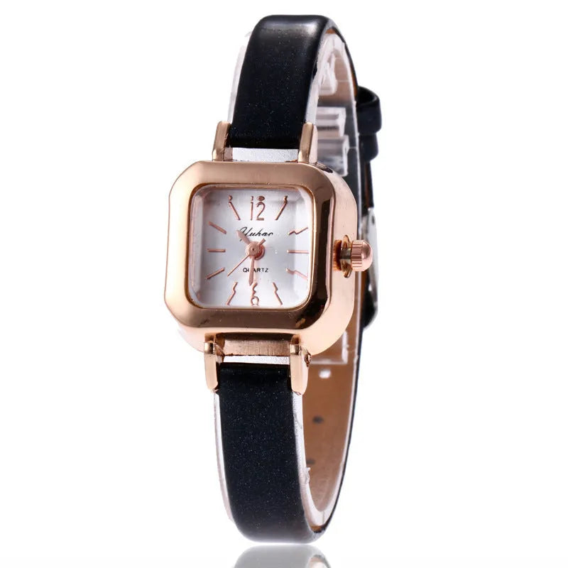 Women's fashion watch with alloy case in retro style showing four colour options: black, white, pink, brown