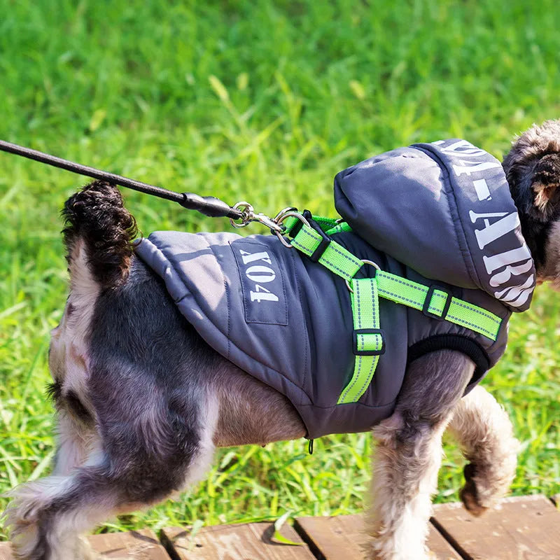 Red hooded dog winter jacket with fleece lining and waterproof polyester outer shell