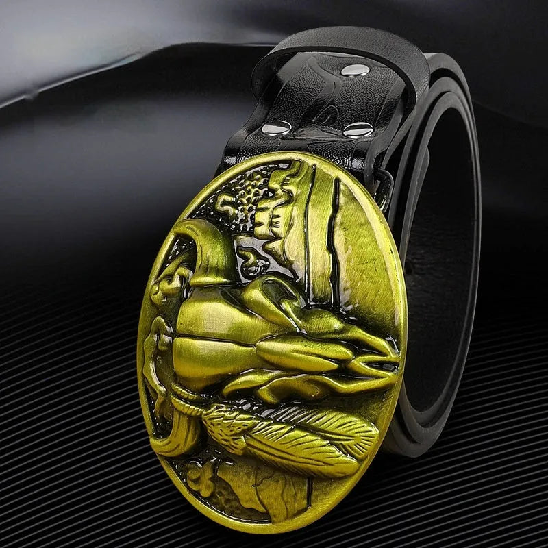 Men's black imitation leather belt with a detailed metal cow head buckle and pin closure.