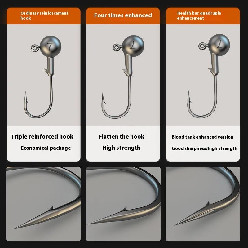 50-piece jig hook fishing set with lead heads in primary colour showing three steel construction variants