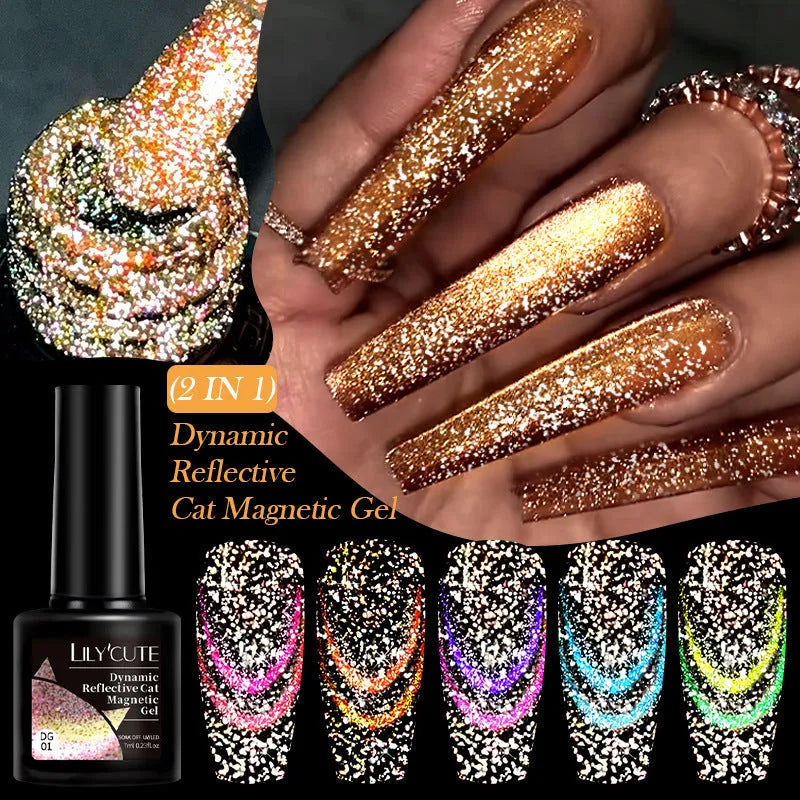 Six bottles of Diamond In The Debris Cat Eye Series UV gel nail polish in colours 01, 02, 03, 04, 05, and 06 with glitter.