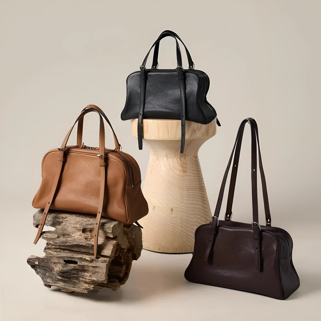 Retro brown genuine leather women's shoulder bag with double straps and external pockets