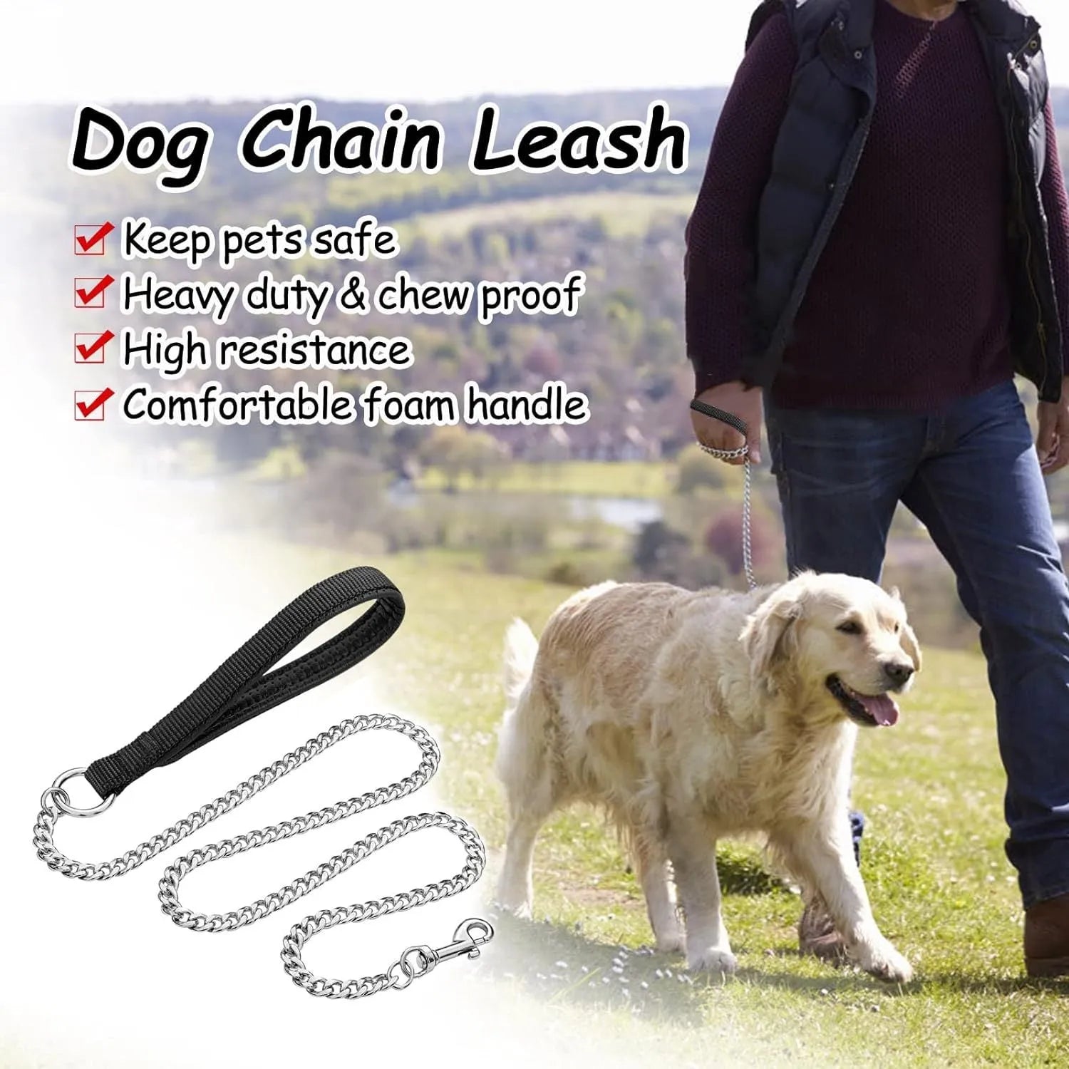 Heavy duty metal dog chain leash with soft black padded handle, shown with large dog
