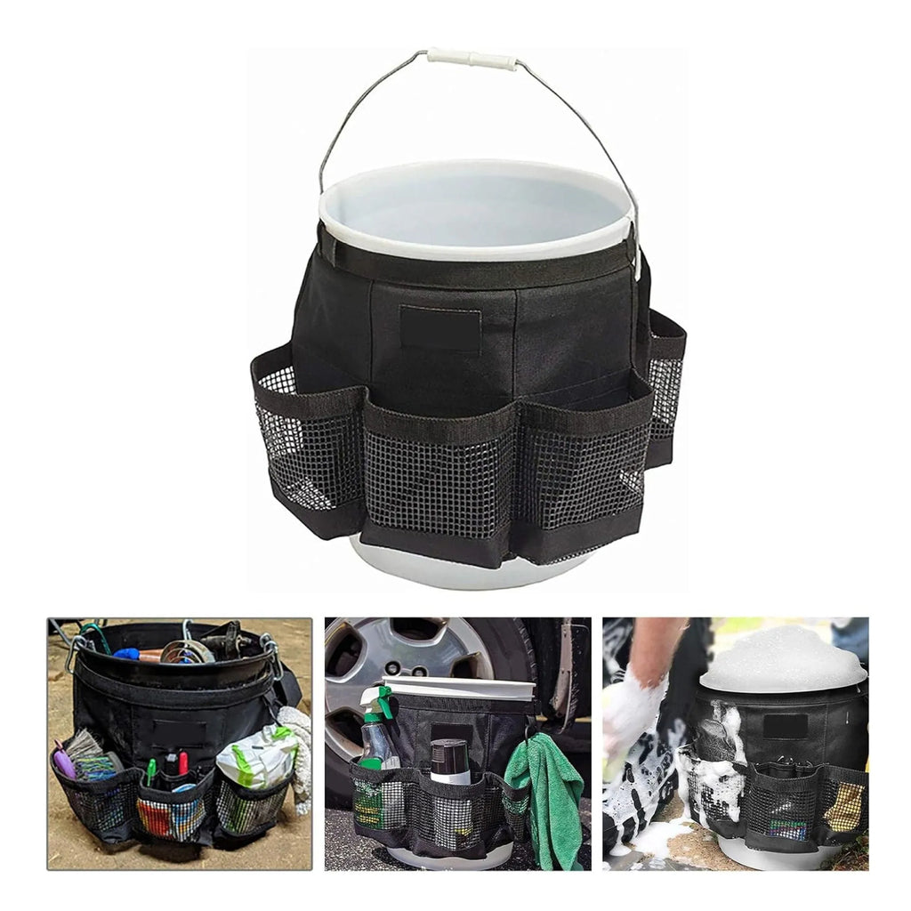 Black cylindrical polyester storage bag hanging on a 5 gallon barrel with car washing tools inside