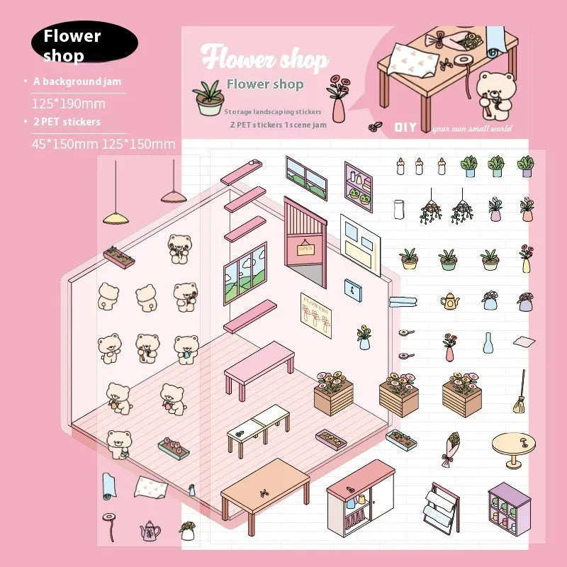 Capabala pre-cut 3D landscaping cartoon stickers on sheet, showing themes like bakery, bookstore, and flower shop.
