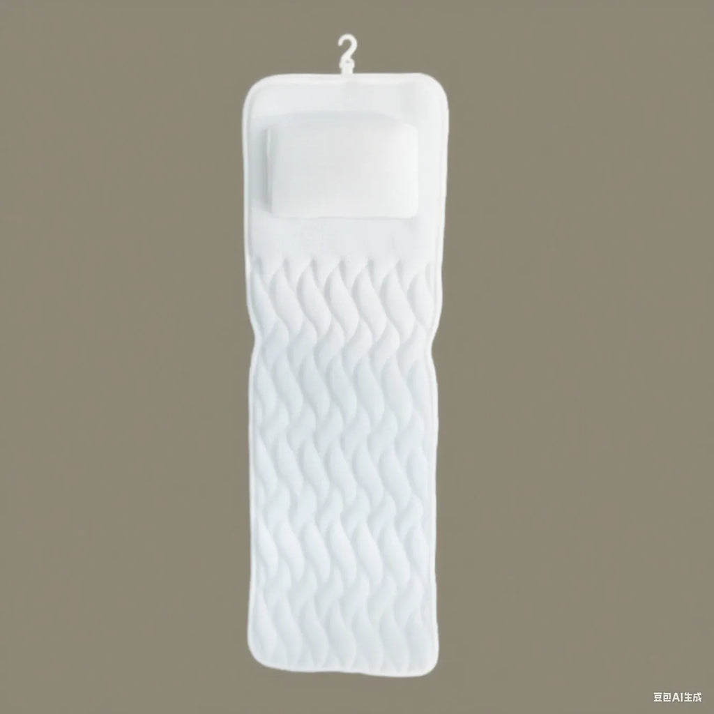 White 4D mesh bathtub pillow with seven suction cups, shown on a bathtub.