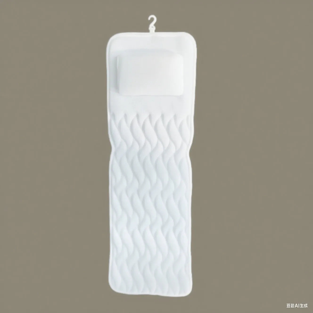 White 4D mesh bathtub pillow with seven suction cups, shown on a bathtub.