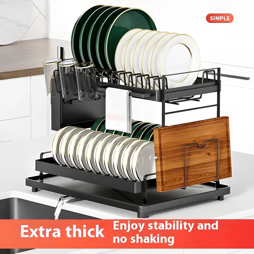 White double-layer metal kitchen draining rack with a removable plastic drip tray underneath