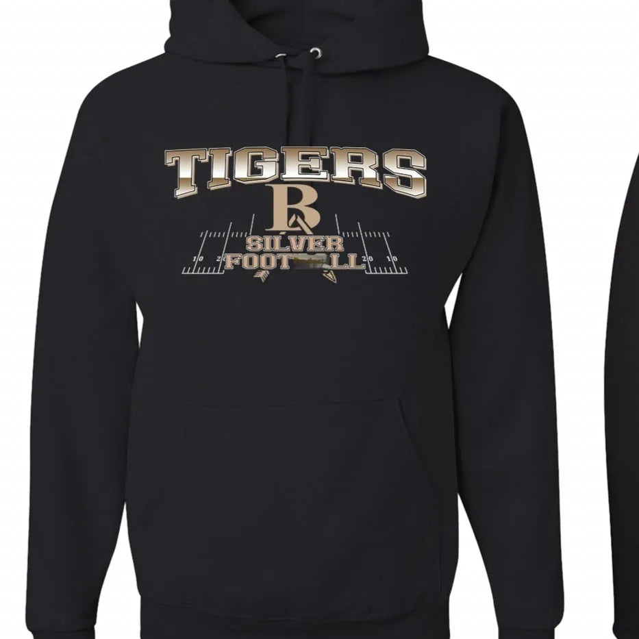 Black drop-shoulder sleeve polyester hoodie laid flat, showing pullover style and long sleeves.