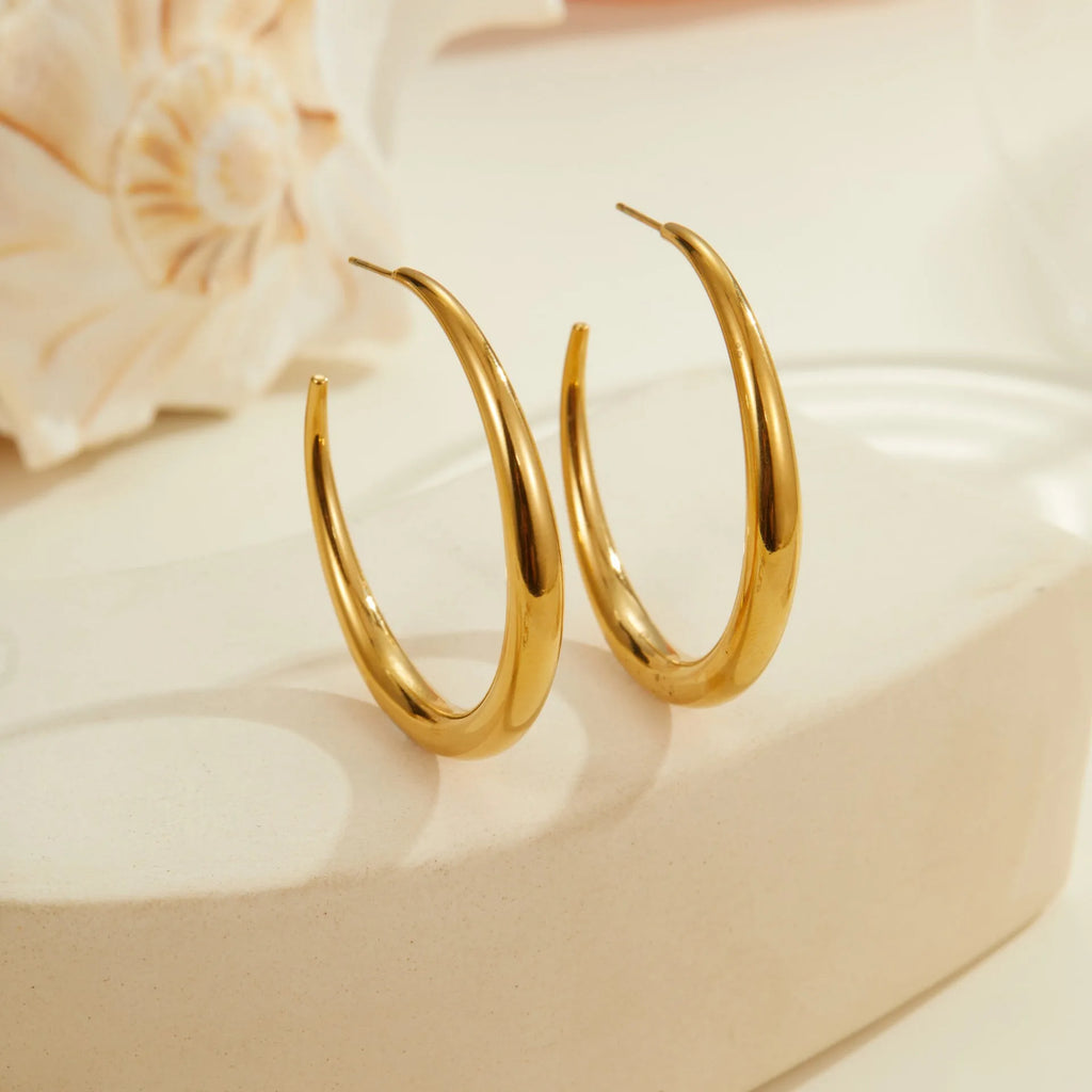 Titanium steel hoop earrings in geometric round design with gold and steel finish options