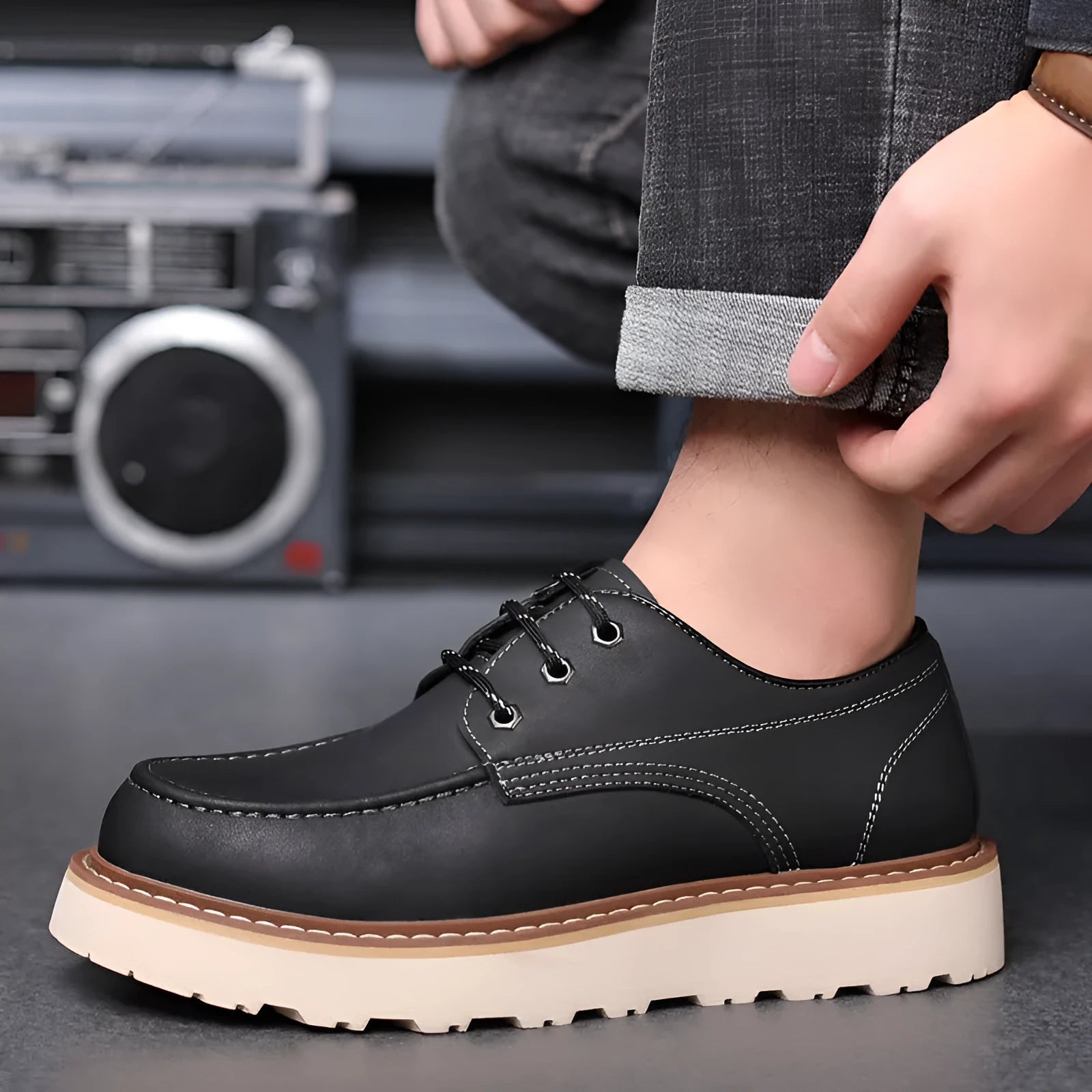 Men's black retro low-top Martin boots with a rounded toe and rubber sole on a plain background.