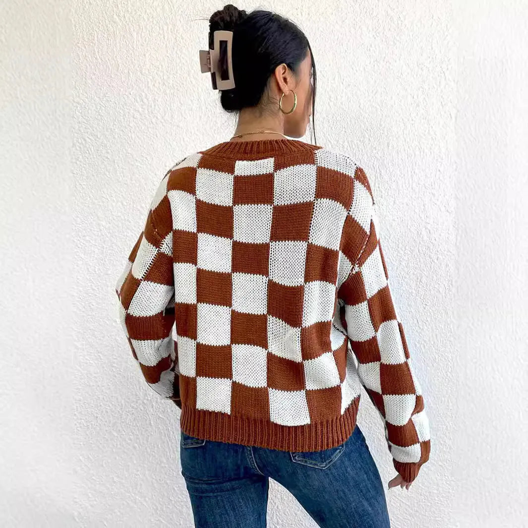 Dark brown plaid acrylic women's sweater with loose fit and round neck