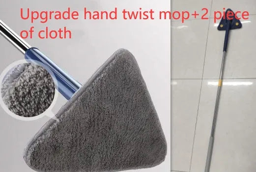 Blue triangle cleaning mop with extendable pole rotating to clean wall corners