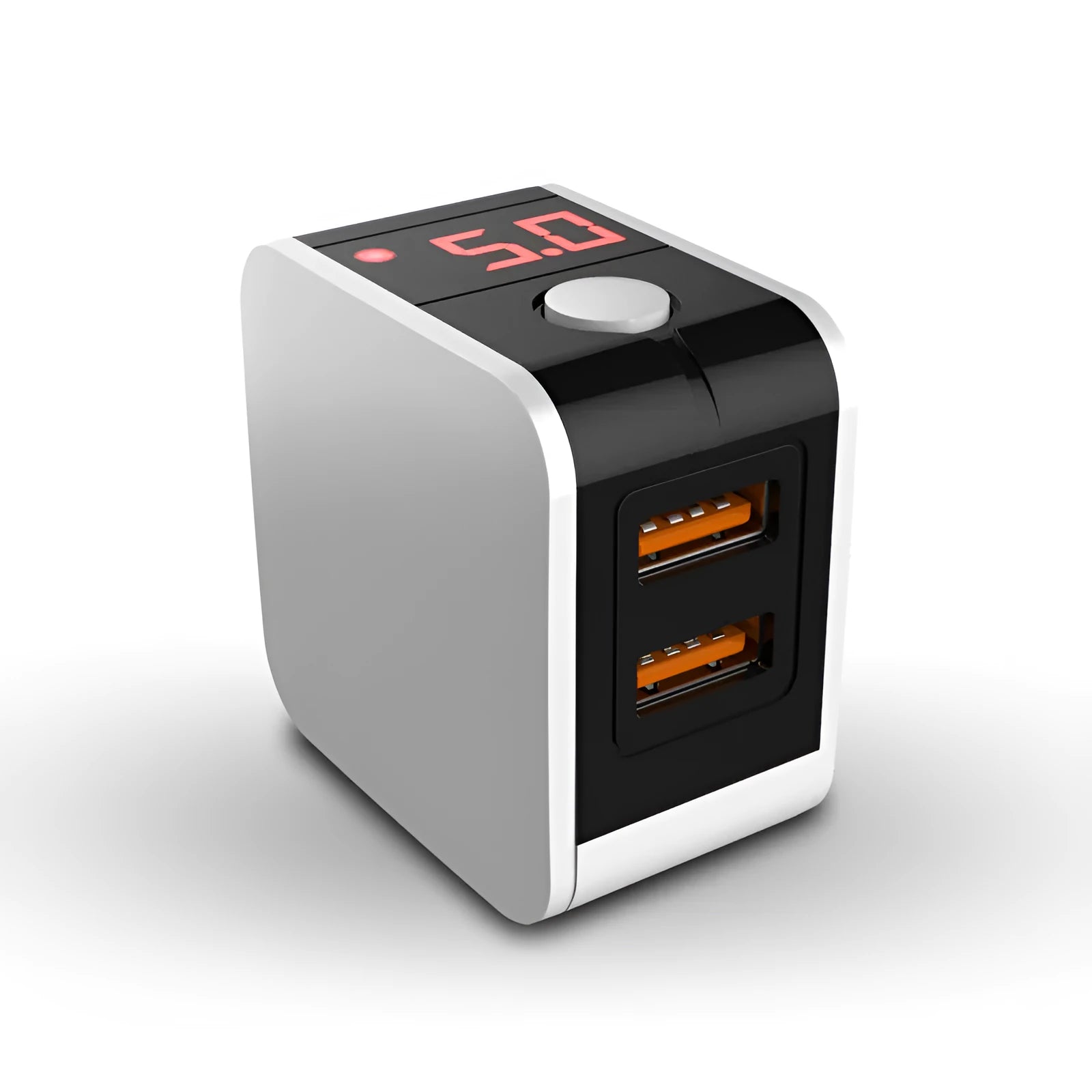 5V 2.4A dual USB travel charger with digital display showing Chinese, US and EU plug options
