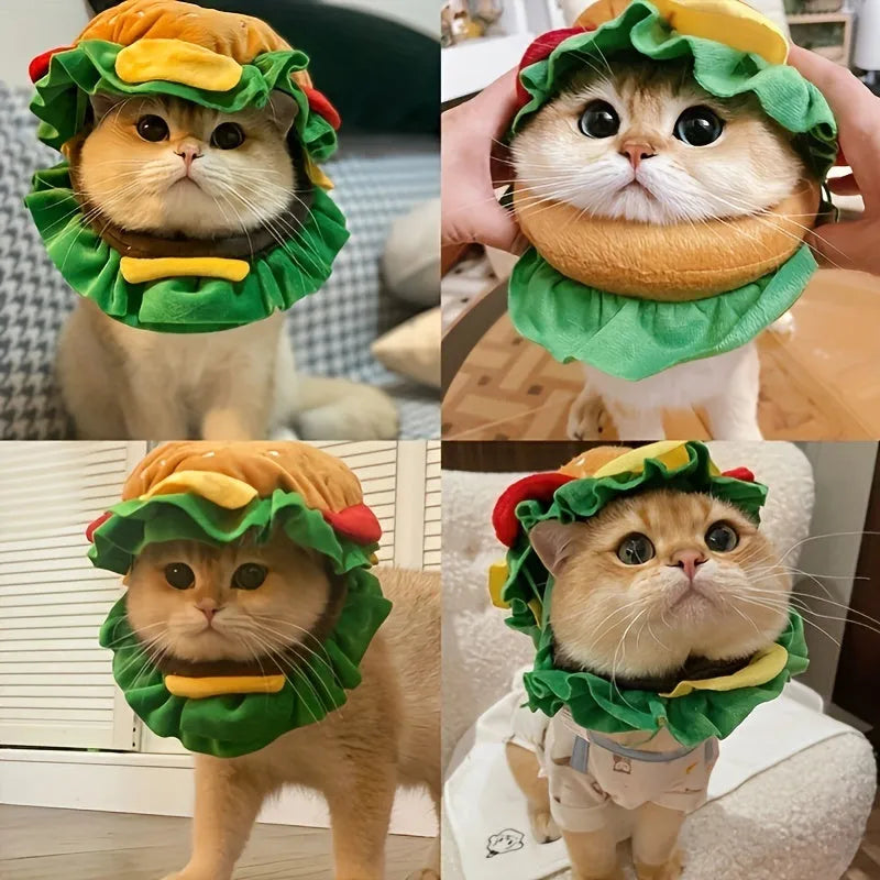 Soft fabric burger-shaped collar for cats on a neutral background, showing lettuce and cheese details.