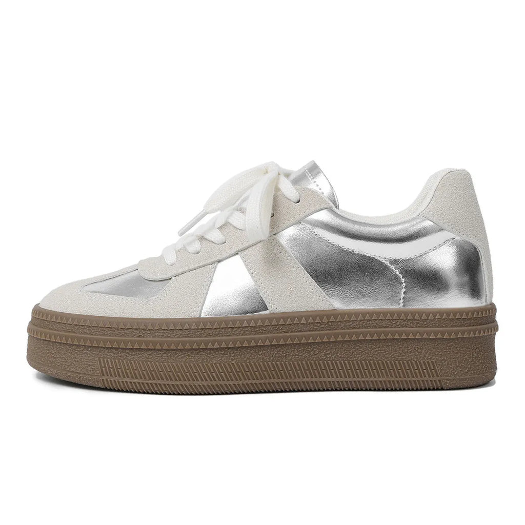 Milky white round toe board shoes with cross shoulder straps and front lace-up fastening