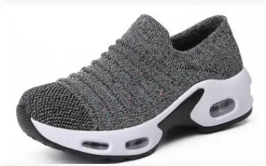 Plus size women's fly-knit stretch socks shoes in light gray with mesh upper and low heel.