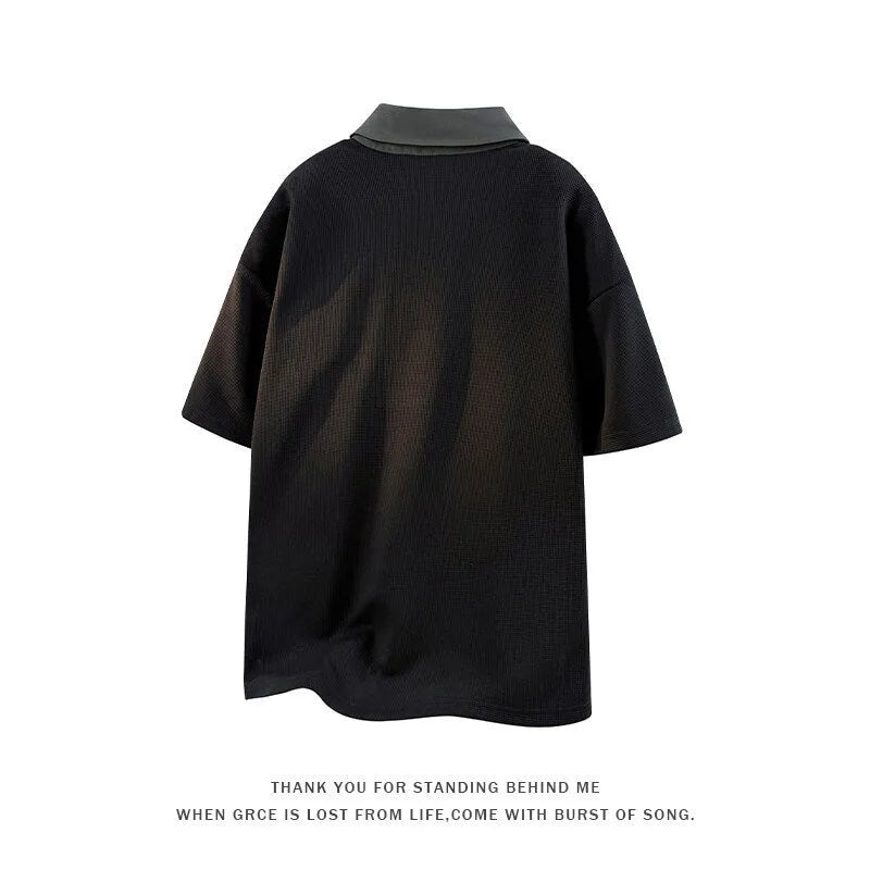 Men's heavy Henry collar polo shirt sweater in spandex fabric available in black and apricot colours