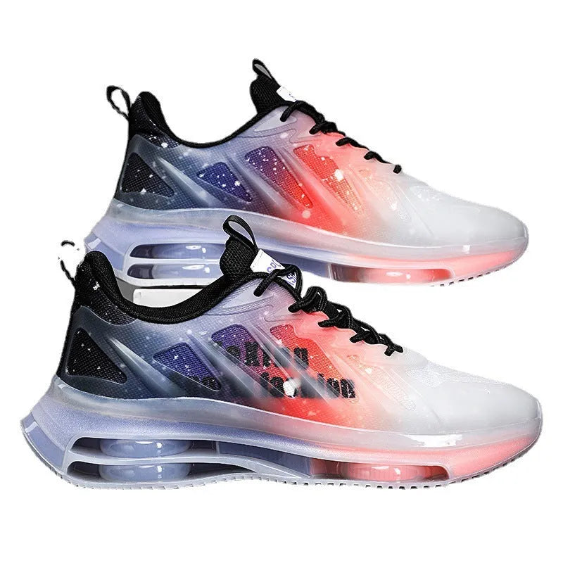 Men's black and green heightened platform casual shoes with mesh upper and rubber sole.