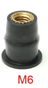 Ten black rubber well nut fasteners with brass inserts for motorcycle windshield mounting, showing M4 M5 M6 sizes.