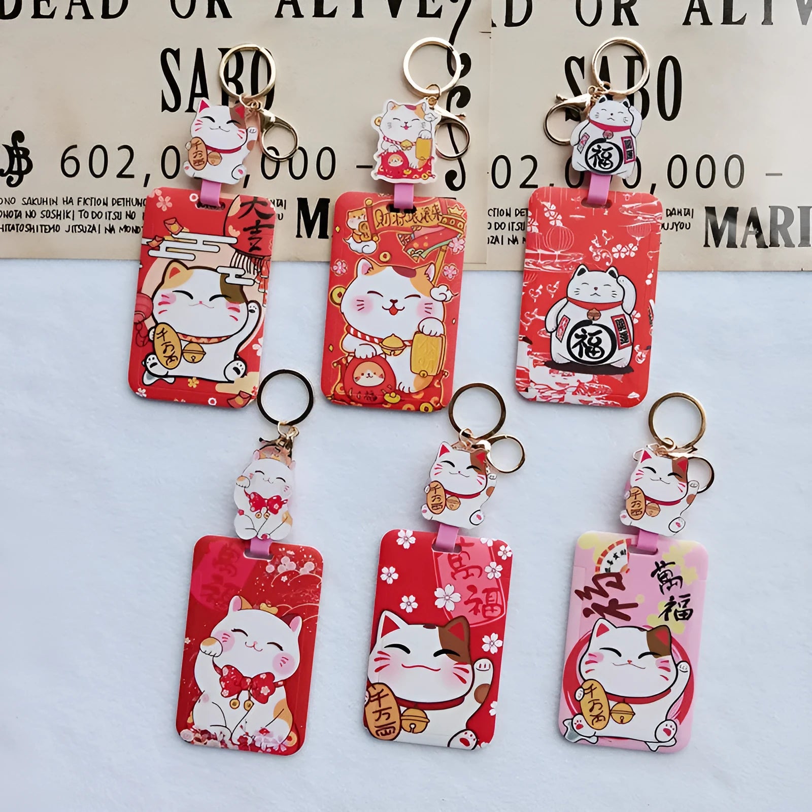 Plastic lucky cat certificate sleeve set with ferrule pendant in cartoon design