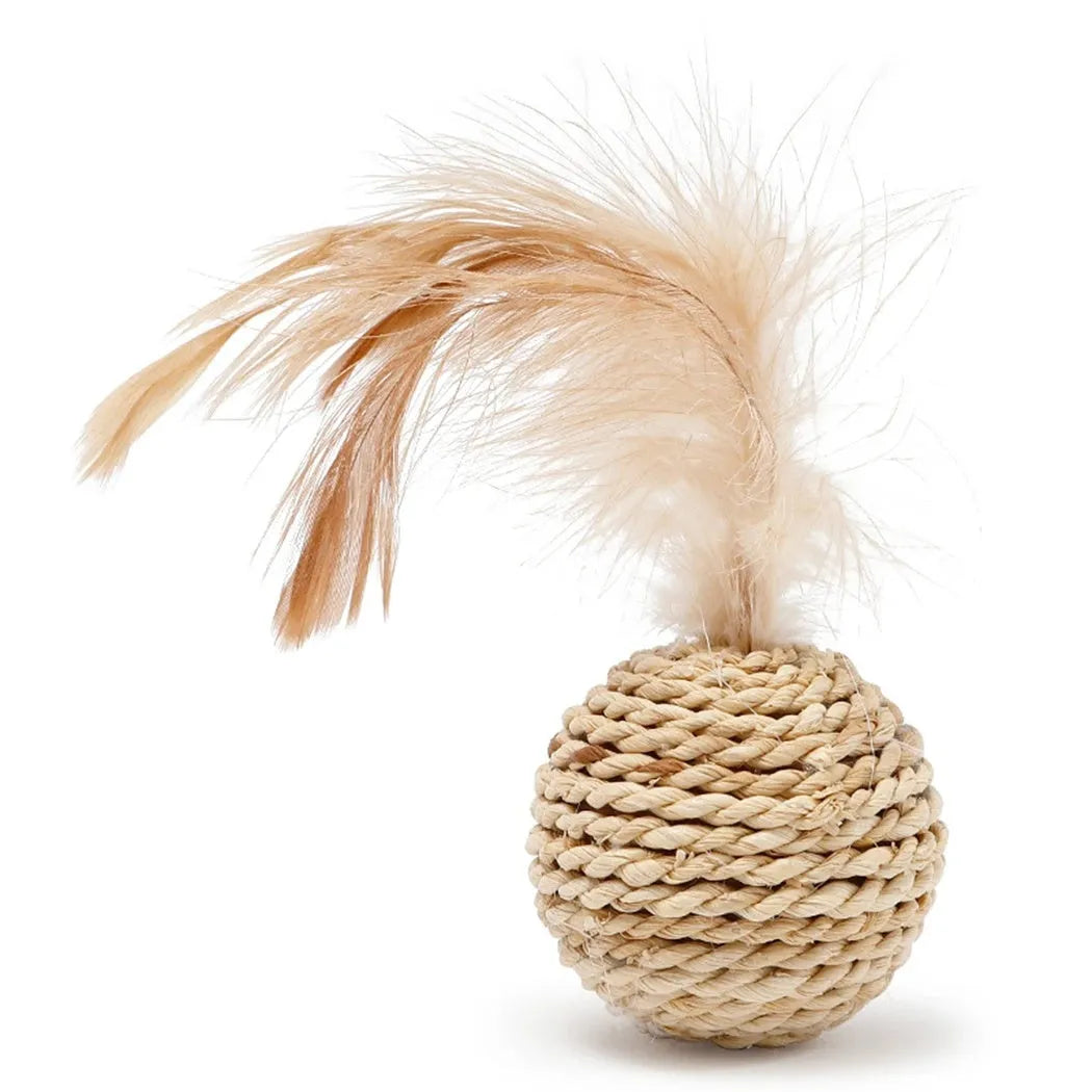 Set of two cat toys: hollow rattan ball and faux feather bell ball with bell for kitten play.