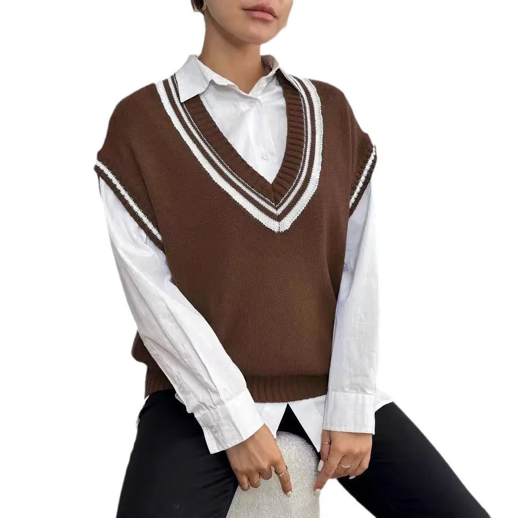 Loose fit blue women's vest sweater in college style, shown as a pullover on a hanger.